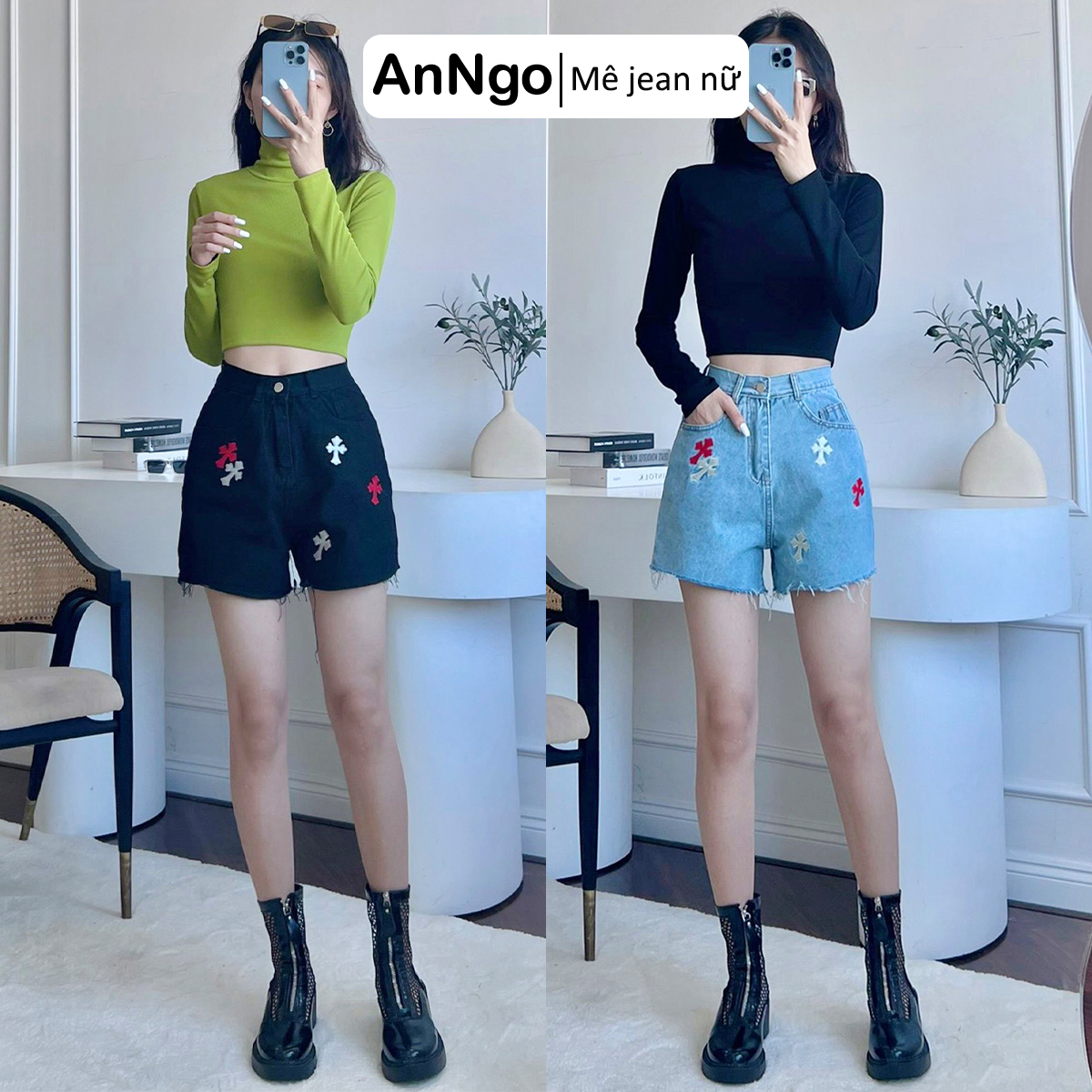 Quần short jean nữ lai tua sành điệu, có họa tiết tạo điểm nhấn, bền đẹp dễ phối đồ AnNgo - AT231