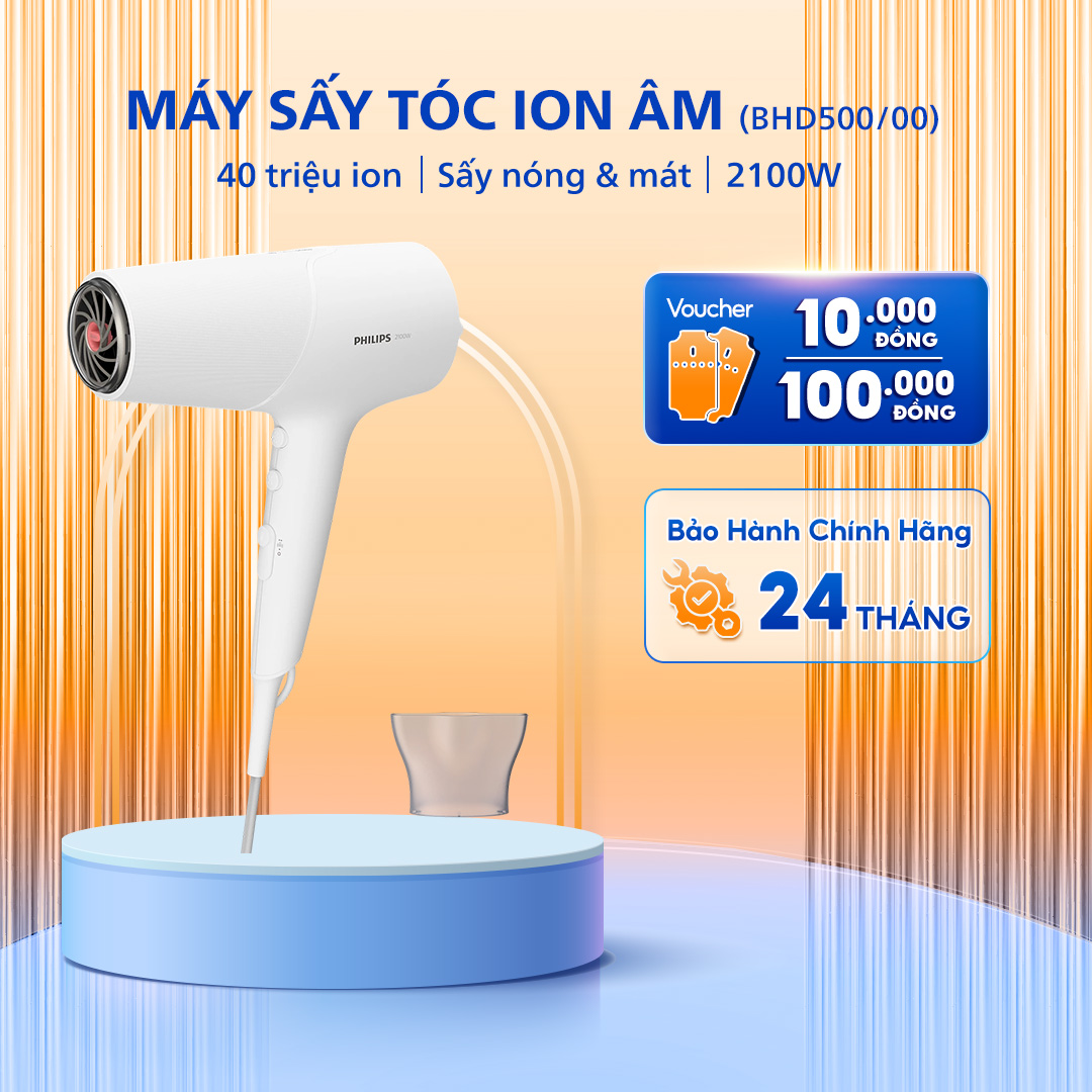 Máy Sấy Tóc PHILIPS BHD500/00, Công Suất 2100 W, Cung Cấp ION Chăm Sóc Tóc, Bảo Hành 24 Tháng