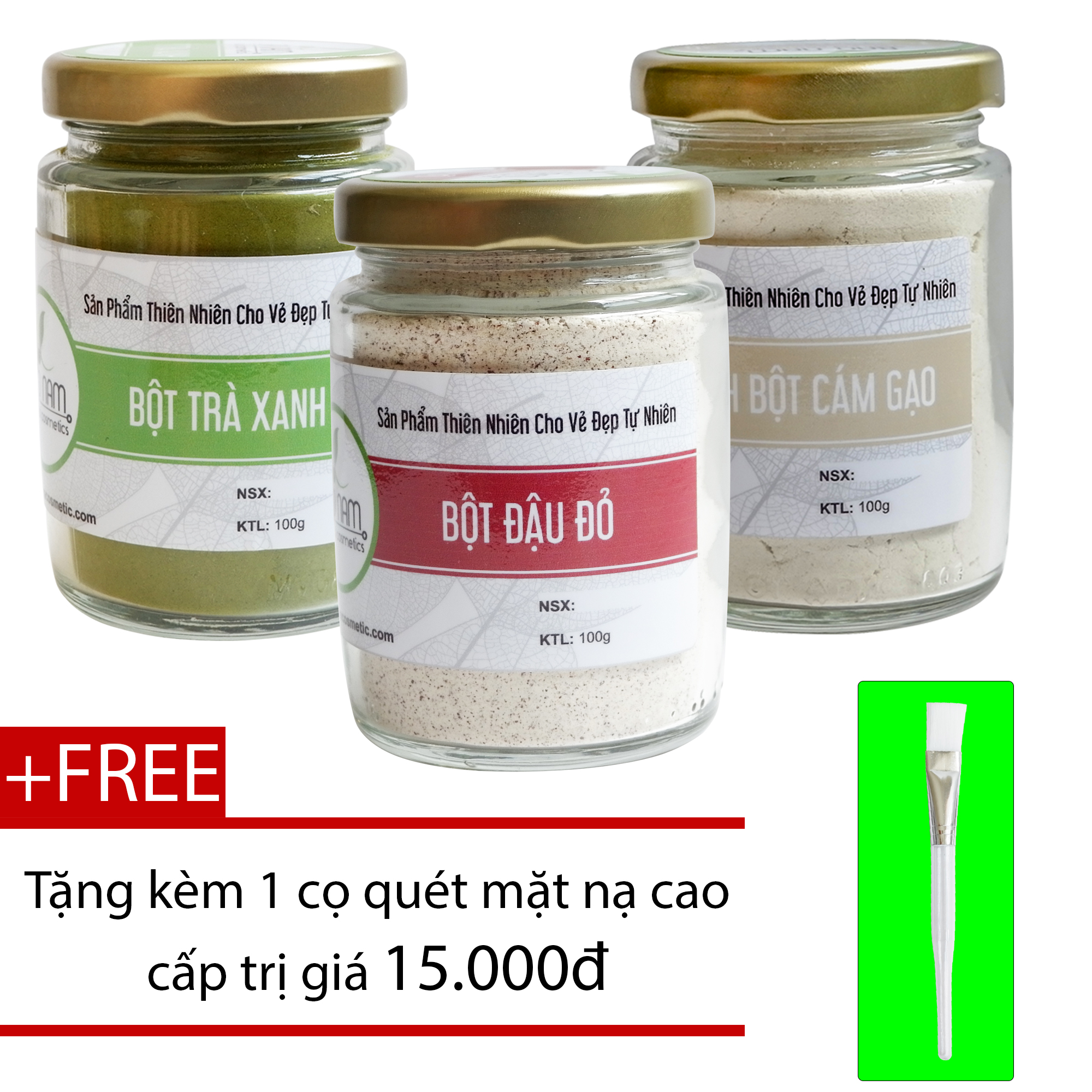 [HCM]Combo Tinh Bột Trà Xanh+ Bột Đậu Đỏ + Bột Cám Gạo Nguyên Chất Bảo Nam 100g - Chăm Sóc Da +Tặng cọ quét