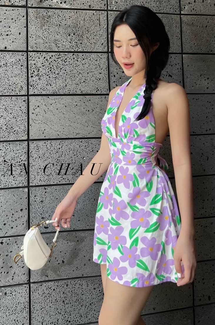 [HCM] Đầm thiết kế nữ hoa sát nách thắt nơ lưng siêu xinh