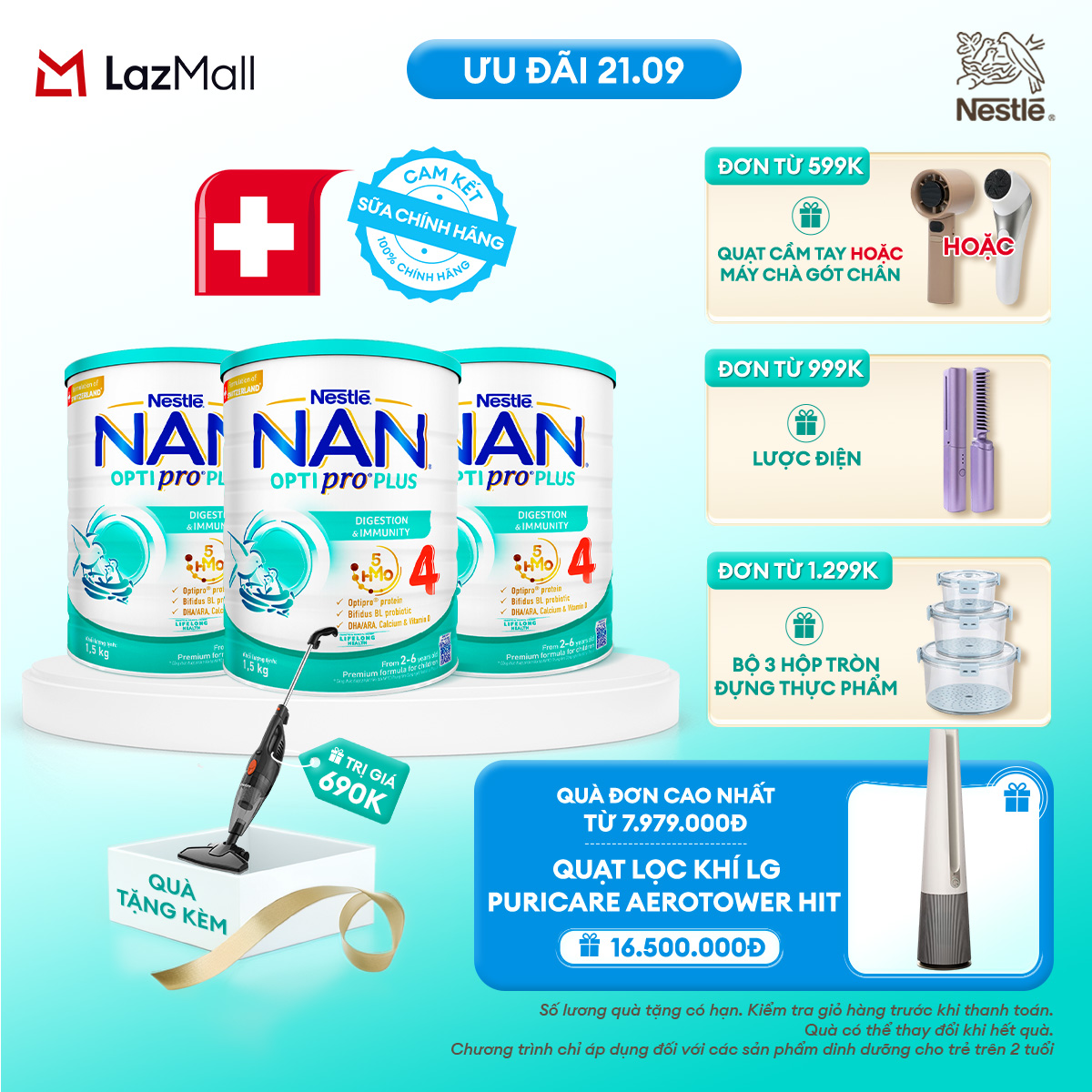 [CHỈ 21.09 QT ĐƠN 599K/999K/1299K][Tặng Máy hút bụi cầm tay Gaabor] Bộ 3 lon Sữa Bột Nestlé NAN OPTIPRO PLUS 4 1500g Cho Bé 2 - 6 Tuổi: Công Thức Độc Quyền Nhập Khẩu Từ Thụy Sỹ, Chứa Phức Hợp 5-HMO