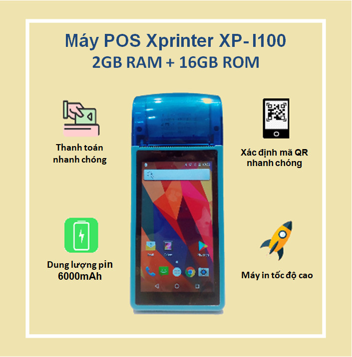 [Trả góp 0%]Máy POS in hóa đơn cầm tay Xprinter XP-I100 2Gb RAM + 16Gb ROM  -  TẶNG FREE PHẦN MỀM BÁN HÀNG 3 THÁNG ĐĂNG KÝ MỚI