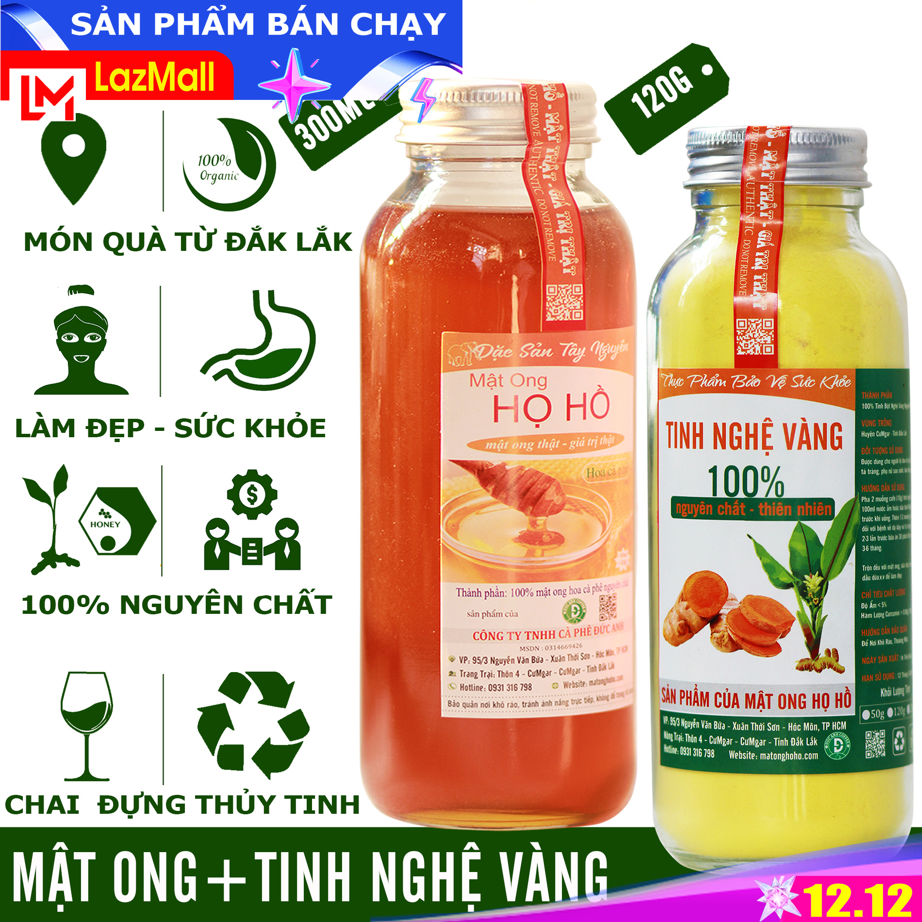 Combo chai mật ong hoa cà phê 300ml và lọ 120g tinh bột nghệ vàng nguyên chất thiên nhiên từ Tây Nguyên - thương hiệu Mật ong Họ Hồ