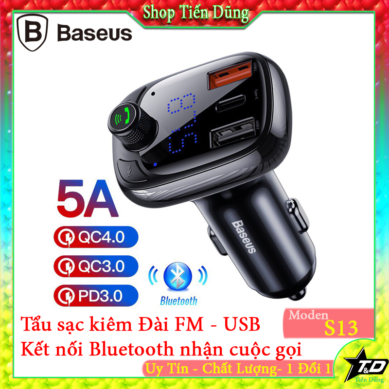 Tẩu sạc ô tô baseus s13 sạc nhanh qc 4.0 , pd 36w max cho điện thoại , bluetooth 5.0 tích hợp fm, khe đọc thẻ nhớ tf sd,cổng usb x2 cổng type-c