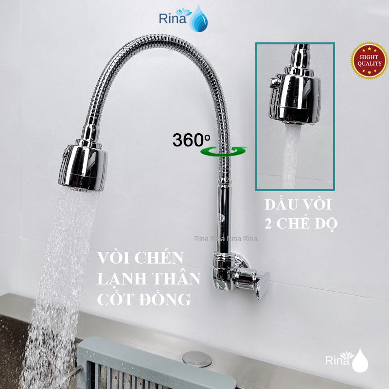 ỐNG BẺ-TĂNG ÁP Vòi nước âm tường rửa chén bát đồng thau xi bóng xoay 360 Rina RN6024 2 chế độ nước