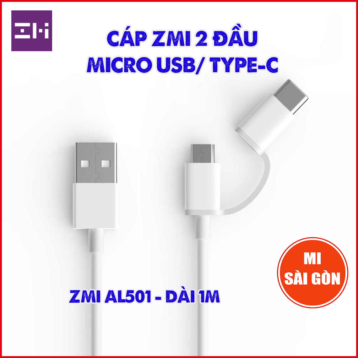 [HỎA TỐC 2H] Cáp ZMI 2 Đầu Micro USB – Type-C AL501 (Dài 1m)