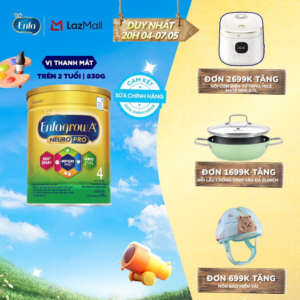 [DUY NHẤT 25-29/04 MUA LÀ CÓ QUÀ] Sữa Bột Enfagrow A+ Neuropro 4 830g với DHA giúp phát triển não bộ cho Trẻ Từ 2 – 6 Tuổi
