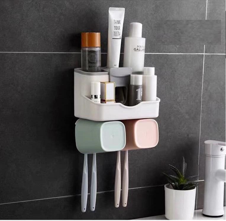 KỆ NHẢ KEM ĐÁNH RĂNG, ĐỰNG BÀN CHẢI TREO TƯỜNG (KÈM 2 CỐC + MIẾNG DÁN TƯỜNG CƯỜNG LỰC)