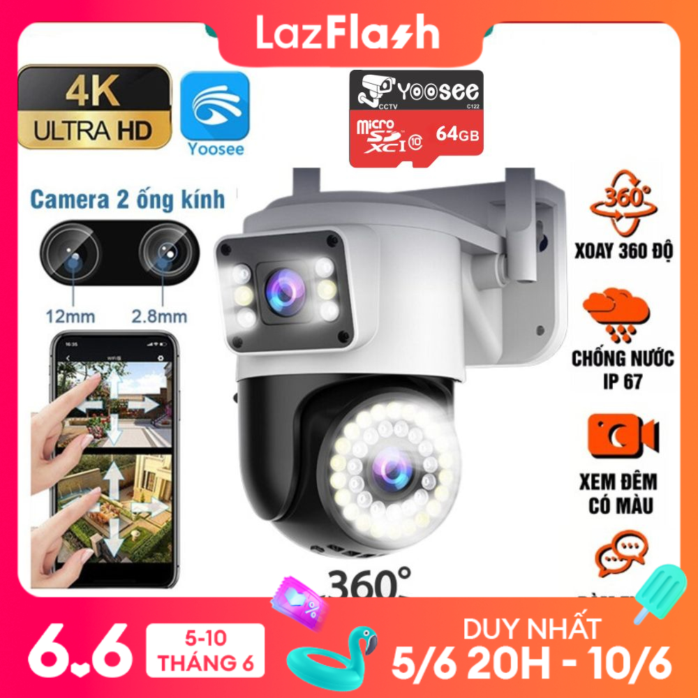 CAMERA YOOSEE NGOÀI TRỜI 2 MẮT 5.0 MP, XEM 2 MÀN HÌNH, BAN ĐÊM CÓ MÀU, THEO DÕI CHUYỂN ĐỘNG, XOAY 360 ĐỘ, CHỐNG NƯỚC CỰC BỀN