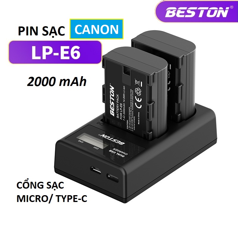 Pin sạc lp-e6 2000mah, sạc đôi beston dùng cho máy ảnh canon eos 60d 70d 80d 90d 6d 7d 5d mark iv 5dsr