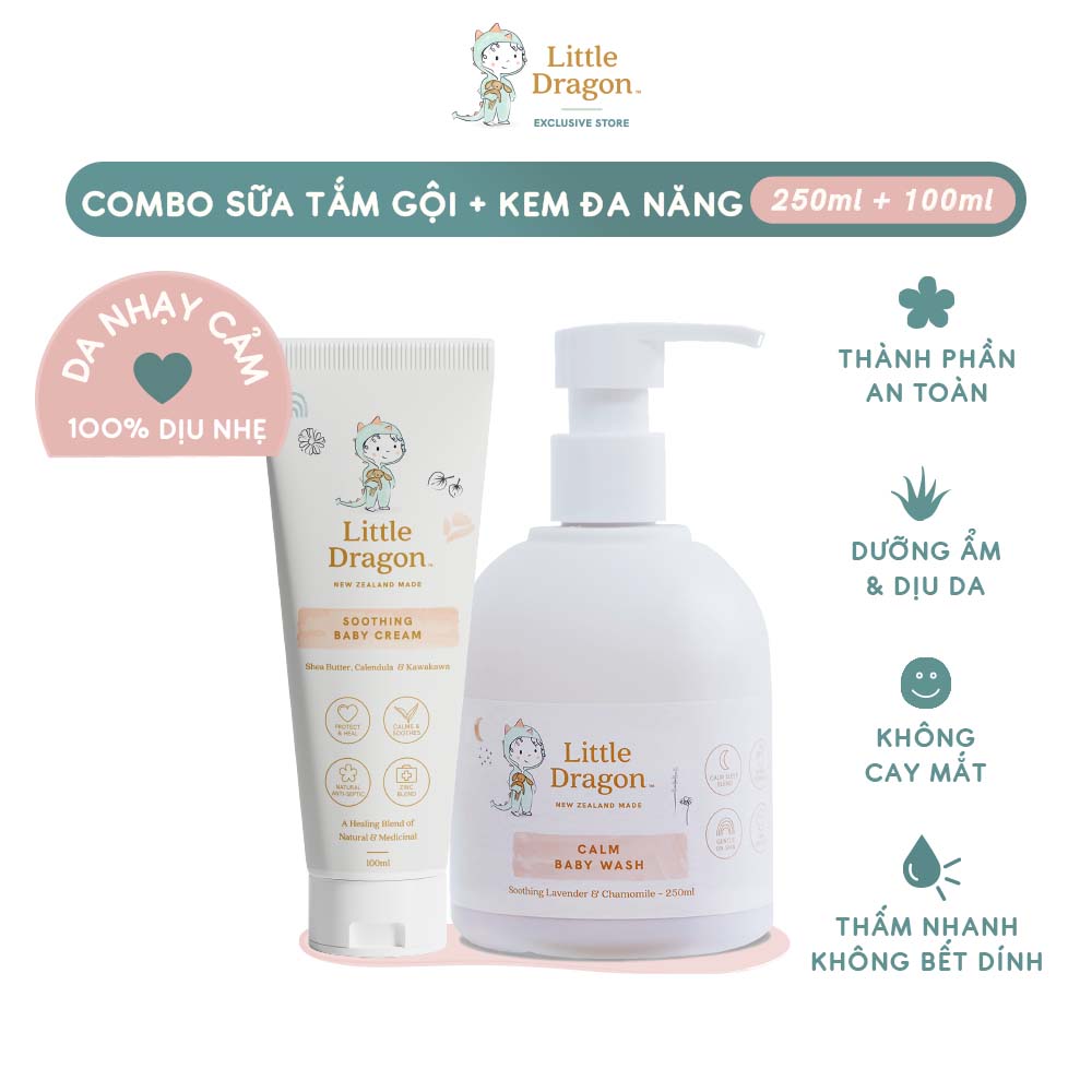 Combo sữa tắm gội dịu nhẹ 250ml & kem hăm tã little dragon - 100ml