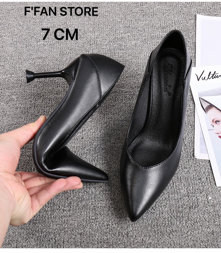 Giày cao gót nữ [DA THẬT] công sở bít mũi 5 7 phân big size, da mềm như bún vạt nhọn FFAN STORE