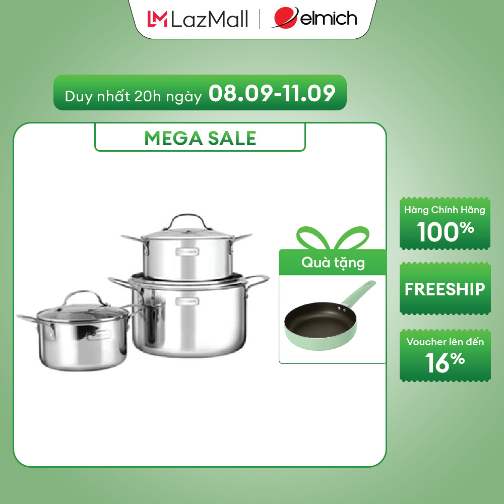 (Chỉ 20h ngày 09-12.10) Bộ nồi inox 3 lớp đáy liền Elmich 2103OL size 18,20,26cm