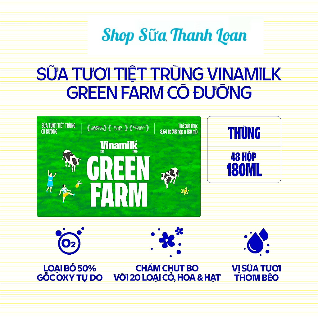 (HSD T1-2025) Thùng 48 Hộp Sữa Tươi Tiệt Trùng Vinamilk Green Farm Có Đường 180ml.