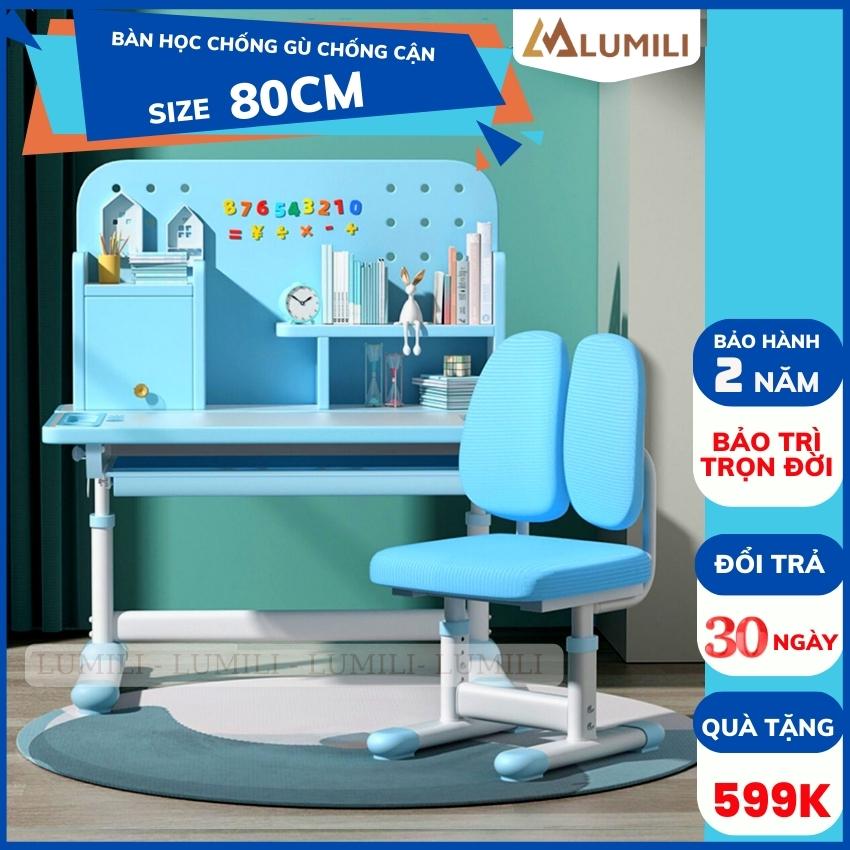 Bộ bàn ghế học sinh Lumili A16 có giá sách chống gù chống cận, bàn học thông minh kèm kệ sách phù hợp cho học sinh bàn học chống gù