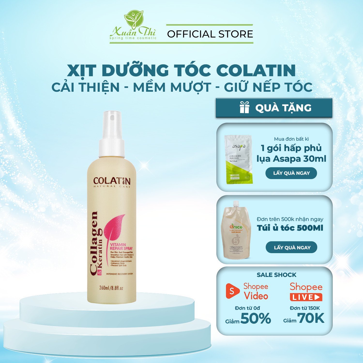 Xịt dưỡng tóc keratin phục hồi hư tổn dưỡng tóc uốn duỗi nhuộm- Colatin Vitamin Repair Spray 260ml - Mỹ phẩm Xuân Thì