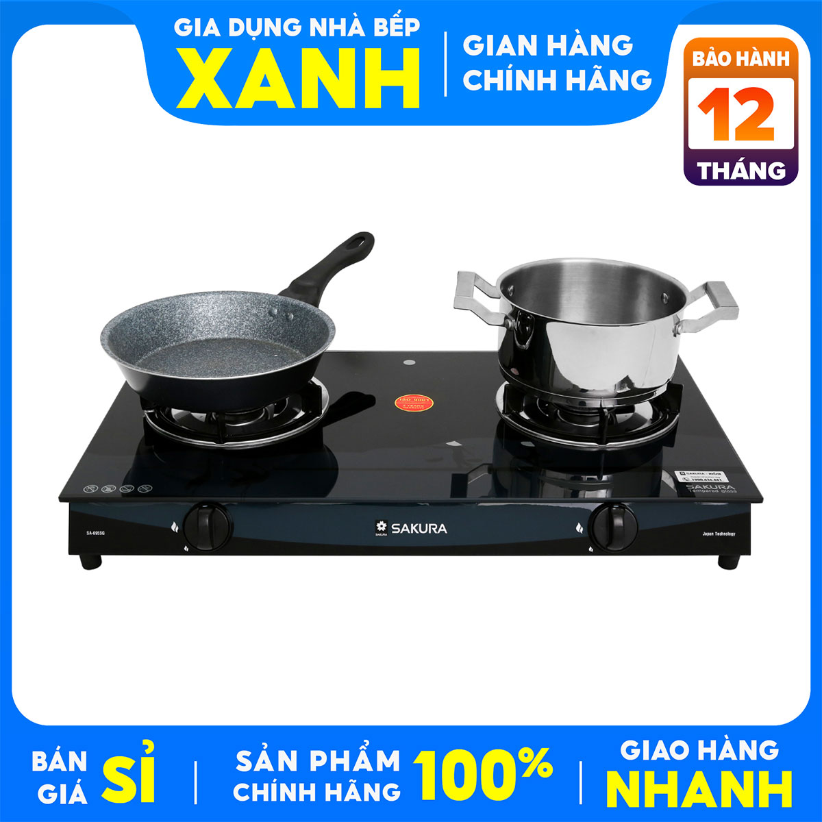 Bếp gas đôi Sakura SA-695SG Hàng trưng bày +Tặng Dây gas -Đầu đốt bằng đồng thau bền bỉ, cho lửa xanh không đen nồi.