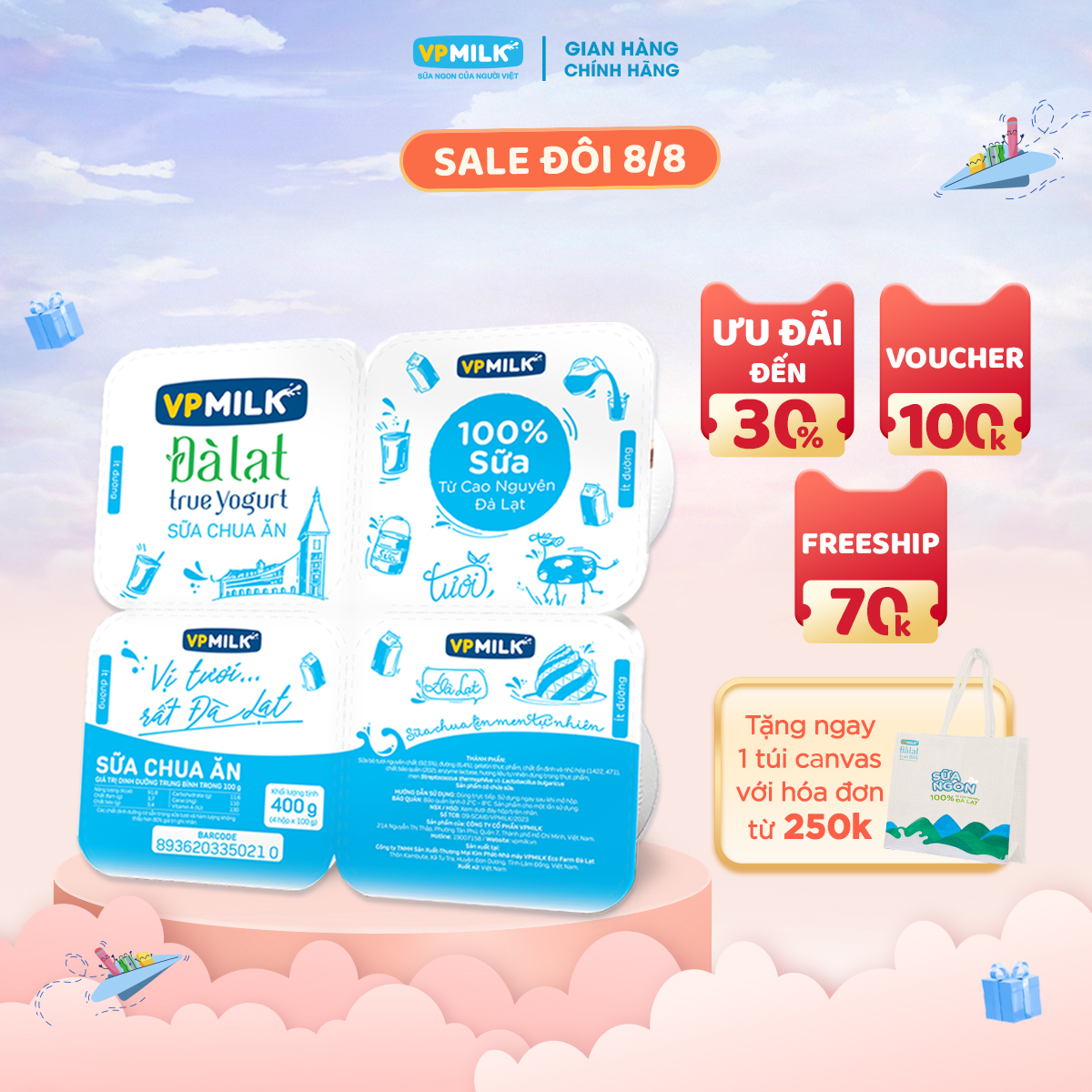 Sữa chua ăn VPMilk Đà Lạt True Yogurt ít đường