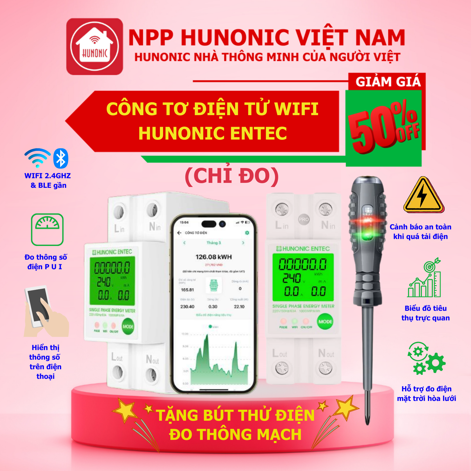 Công Tơ Điện Tử Wifi HUNONIC ENTEC 63A Đo Điện Năng Tiêu Thụ, Dòng Dò