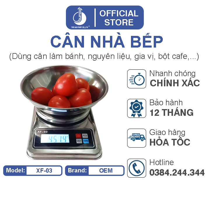 Cân điện tử nhà bếp XF-03 3kg/ 5kg sử dụng trong quy mô nhà bếp định lượng nguyên liệu, gia vị, cafe, nông sản, pha chế, định lượng đóng gói
