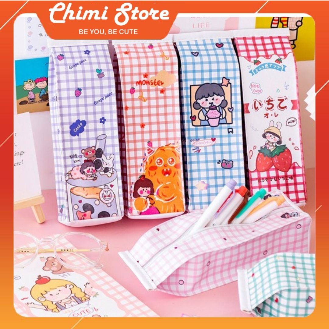 Túi đựng bút, hộp bút cute Chimi HT044, chất liệu da Pu chống nước, thiết kế kiểu dáng kẻ caro in hình cô gái, đựng được nhiều đồ dùng, tặng móc khóa Acrylic 10k