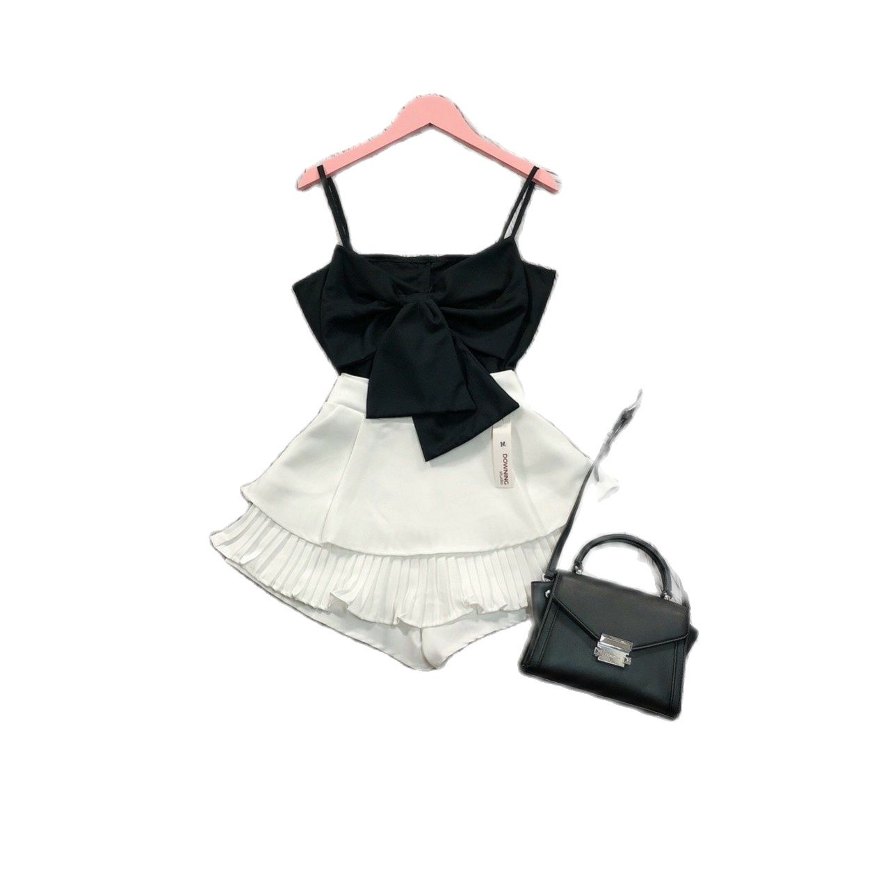 RẺ VÔ ĐỊCH Set áo 2 dây nơ cài nút lưng cách điệu chân váy dập ly 2 tầng kèm quần