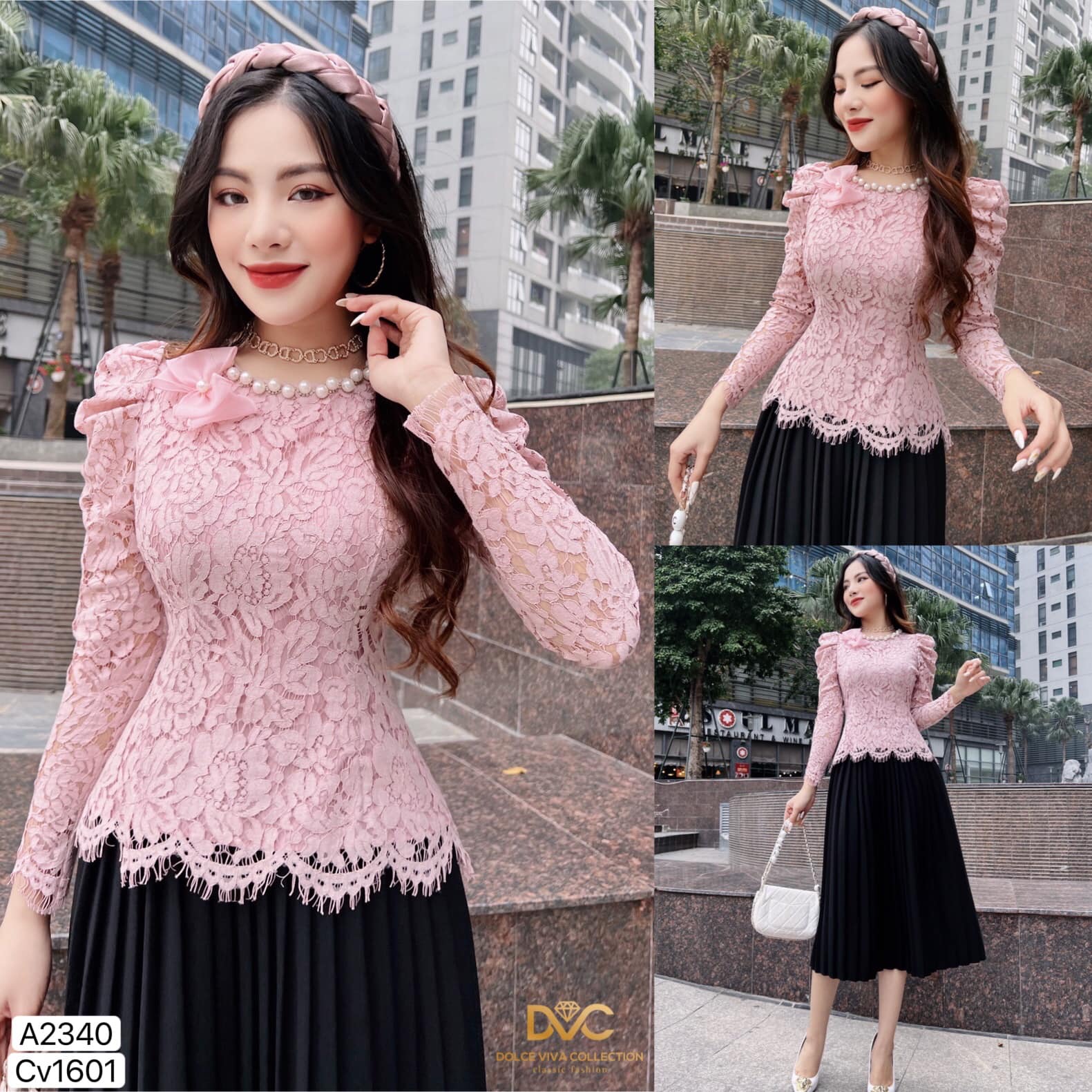Áo kiểu nữ ren tay dài phối cổ đính ngọc A2340