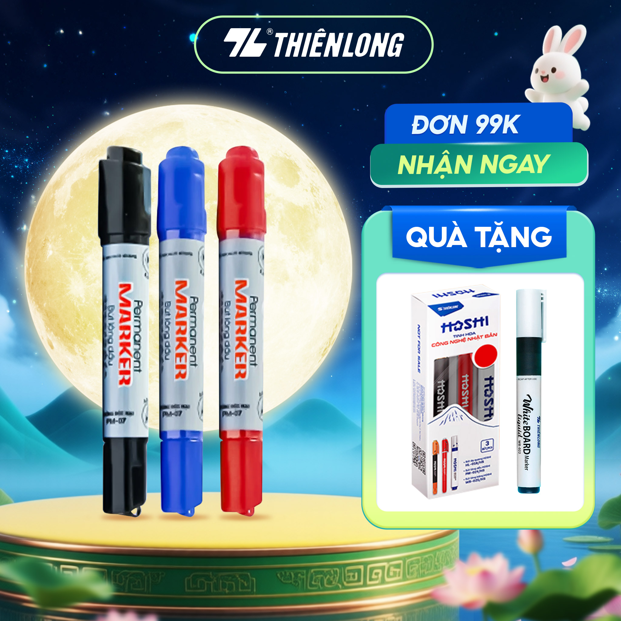 Combo 5/10/20 Bút lông dầu Thiên Long PM-07 2 đầu bút kích thước 0.8 mm và 6mm, 3 màu mực xanh/đỏ/đen, bám dính tốt trên nhiều bề mặt