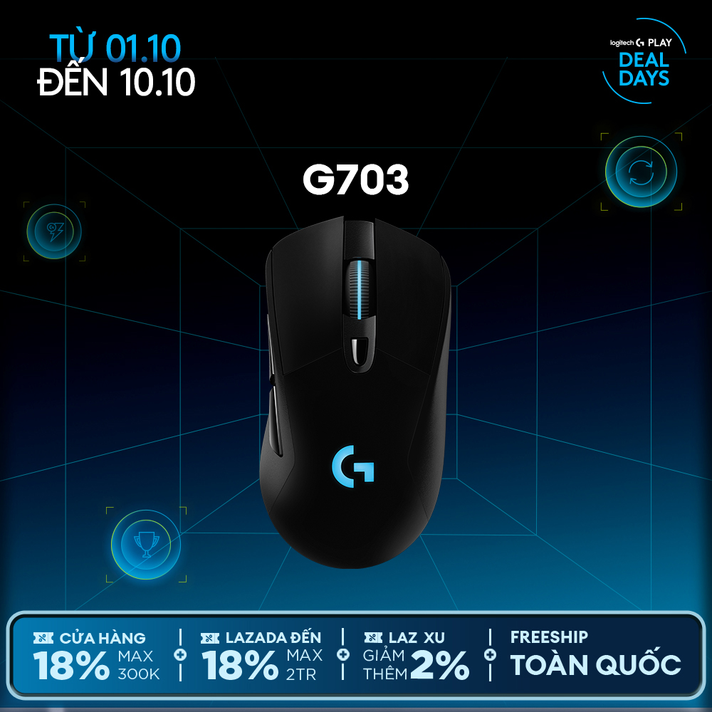Chuột game không dây lightspeed rgb logitech g703 hero - cảm biến hero 25k, tương thích powerplay, nhẹ 95g+10g cân tùy chỉnh, pin 60h, pc/mac