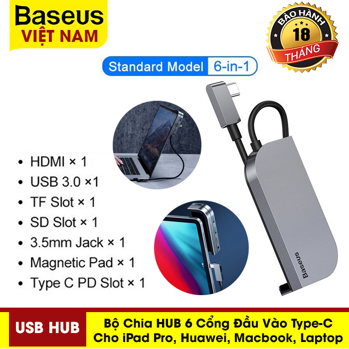 [BẢO HÀNH 12 THÁNG] HUB Baseus 6 cổng Type-C sang HDMI USB 3.0 TF Slot SD Slot jack 3.5mm magnetic Pad Type-C PD Slot cho iPad Pro Macbook Pro