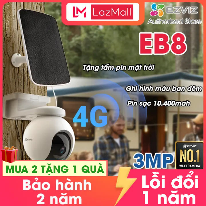 Giảm 100K + MUA 1 TẶNG 1 QUÀ + Camera EZVIZ EB8 sử dụng sim 4g không dùng wifi, tích hợp pin sạc kèm tấm pin NLMT, xoay 360 độ , ban đêm có màu