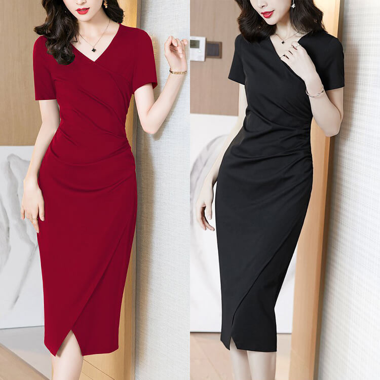 Đầm ôm body cổ v nhún eo sang trọng - qc280920
