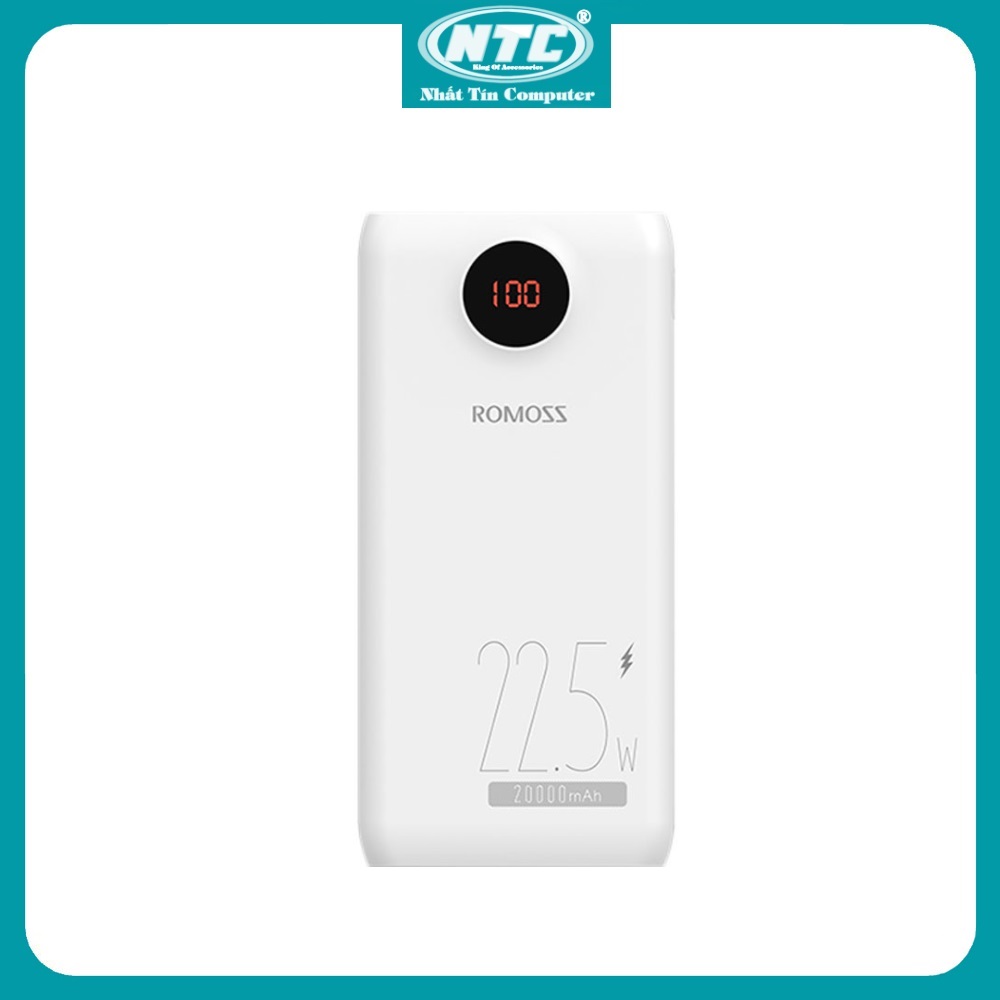 Pin sạc dự phòng Romoss PHO20 PF 20000mAh TypeC PD 18W USB 22.5W màn hình LCD (Trắng) - Hãng phân phối chính thức - Nhất Tín Computer