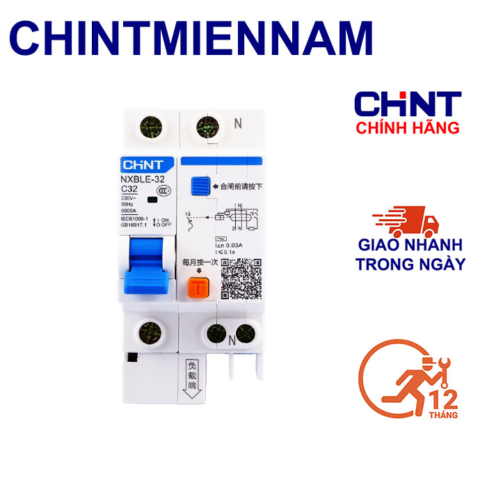 Cầu dao áp tô mát chống dòng rò 1 pha 25a32a-40a-63a, mcb chống giật chint - nxble 1p+n 32a