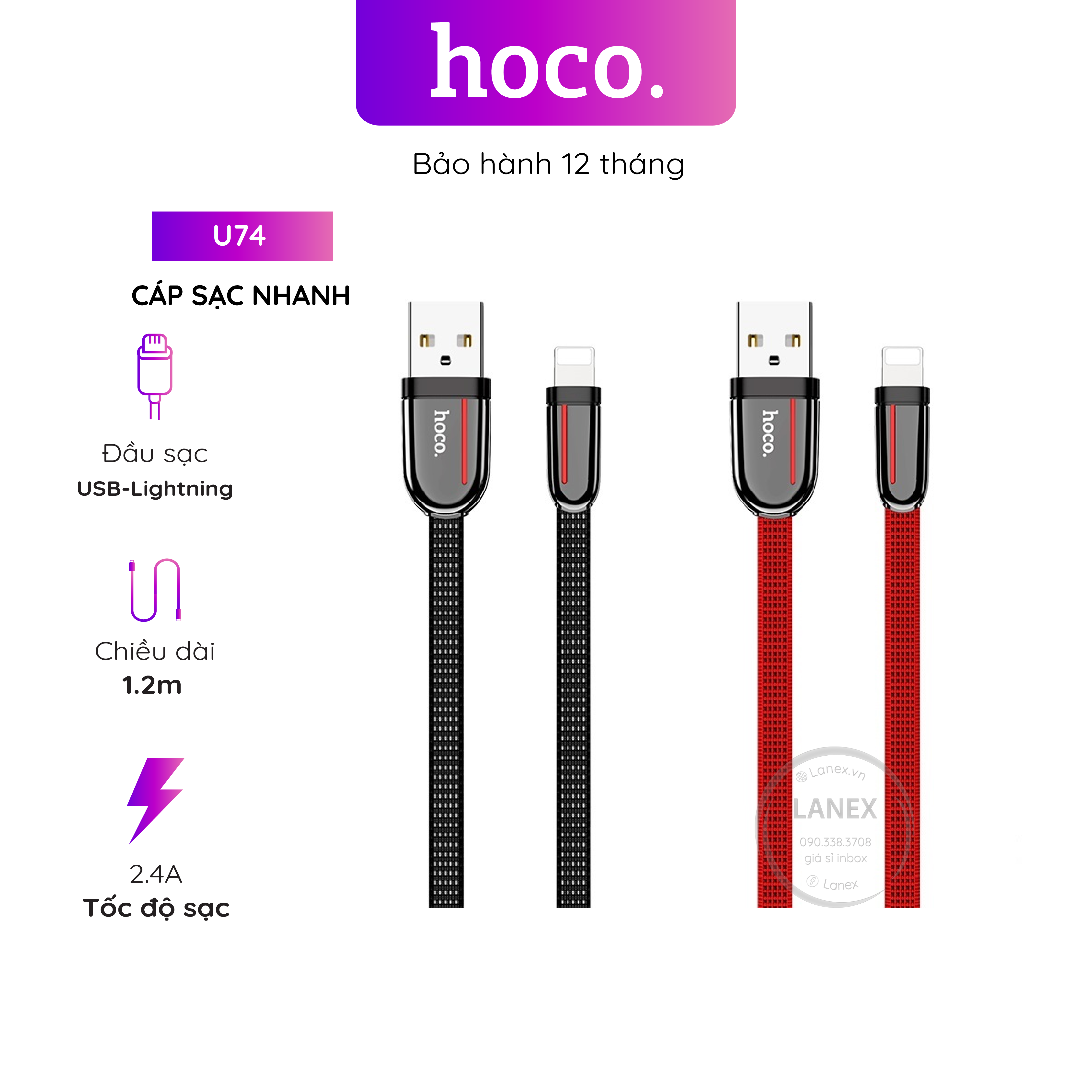 Cáp sạc nhanh hoco u74 dây dù lightning 2.4a dài 1.2m