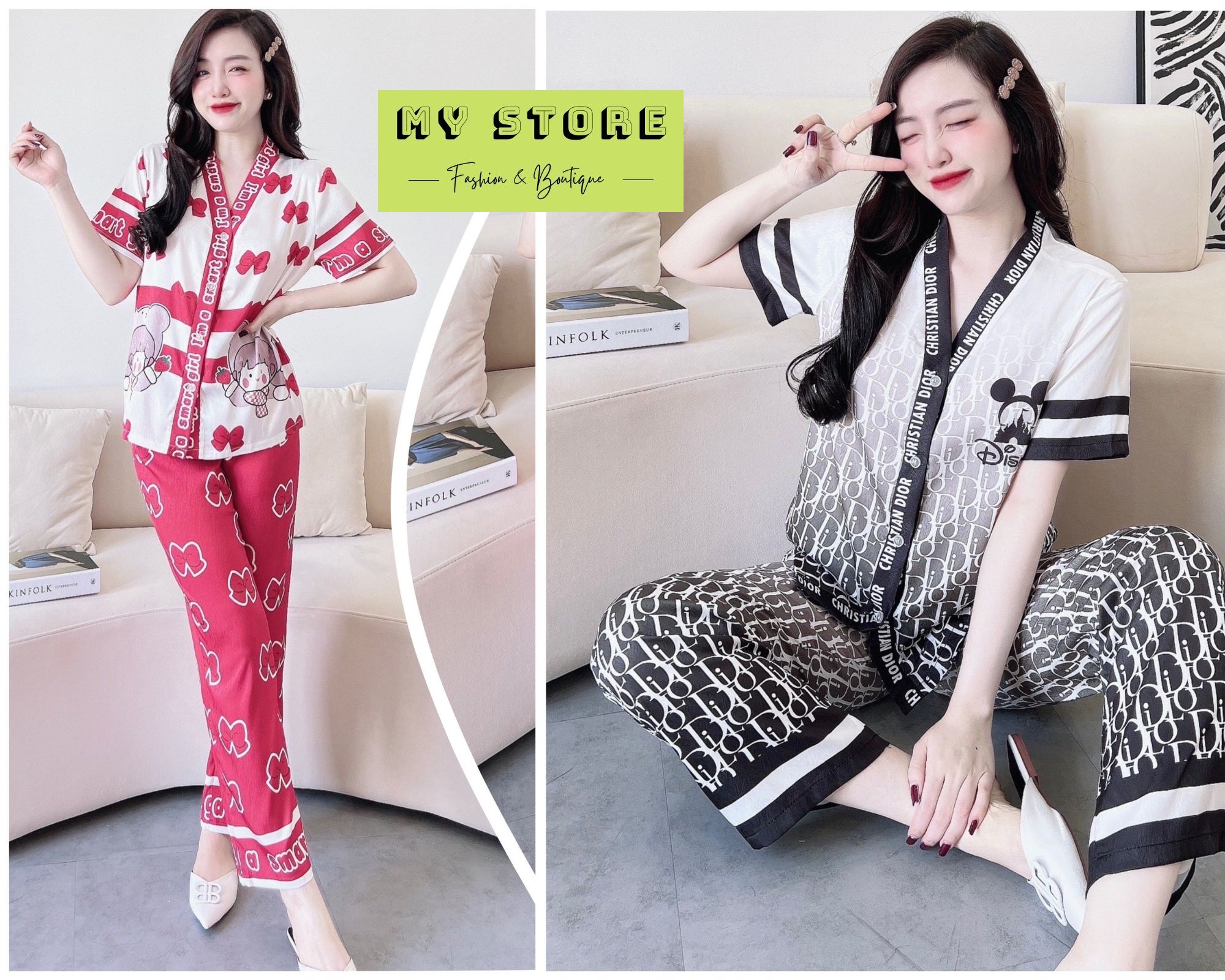 Đồ bộ Pijama chất vải lụa xước in 3D thiết kế cao cấp siêu SANG mềm mịn mát - Freesize dưới 60kg