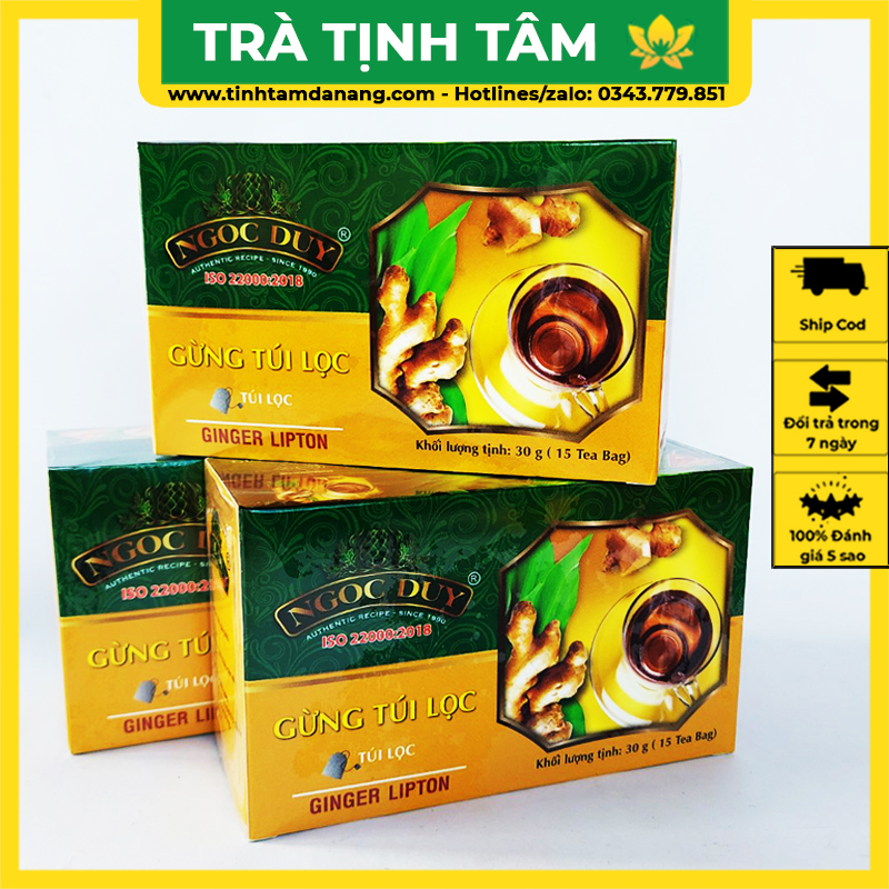 Trà gừng túi lọc Ngọc Duy hộp 30gr 15 túi lọc Tịnh Tâm mật ong tươi Hàn Quốc đường đỏ hòa tan