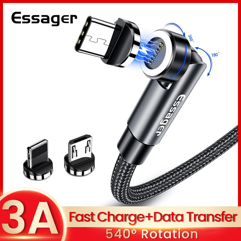 Essenger cáp từ tính xoay 540 cáp micro usb loại c sạc nhanh 3a cho iphone xiaomi nam châm dây sạc điện thoại dữ liệu