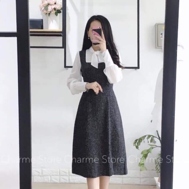 Váy dạ phối sơmi thắt nơ