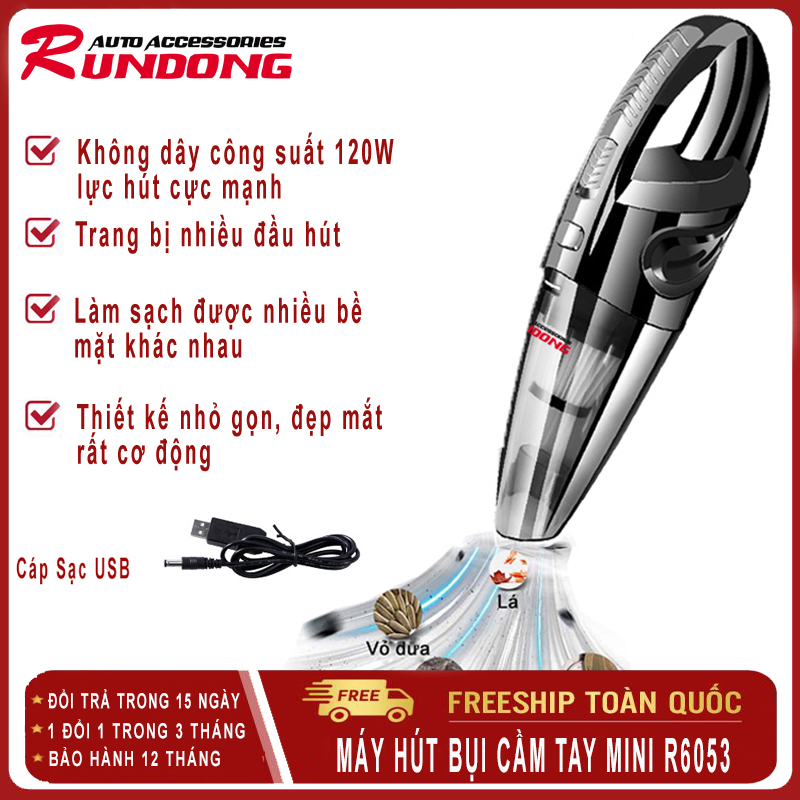 (FREESHIP) Máy hút bụi cầm tay RUNDONG R6053 sạc USB, 120W hút cực khỏe, thiết kế đẹp mắt, sang trọng, nhỏ gọn dùng cho nội thất xe ô tô và gia đình