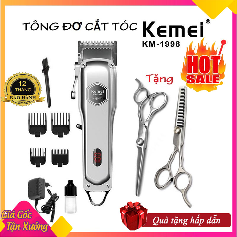 [HOT] Tông đơ cắt tóc cao cấp Kemei 1998 thân nhôm nguyên khối siêu bền,không dây,pin lithium 1000mah + Tặng kèm bộ kéo cắt tỉa  chuyên dụng
