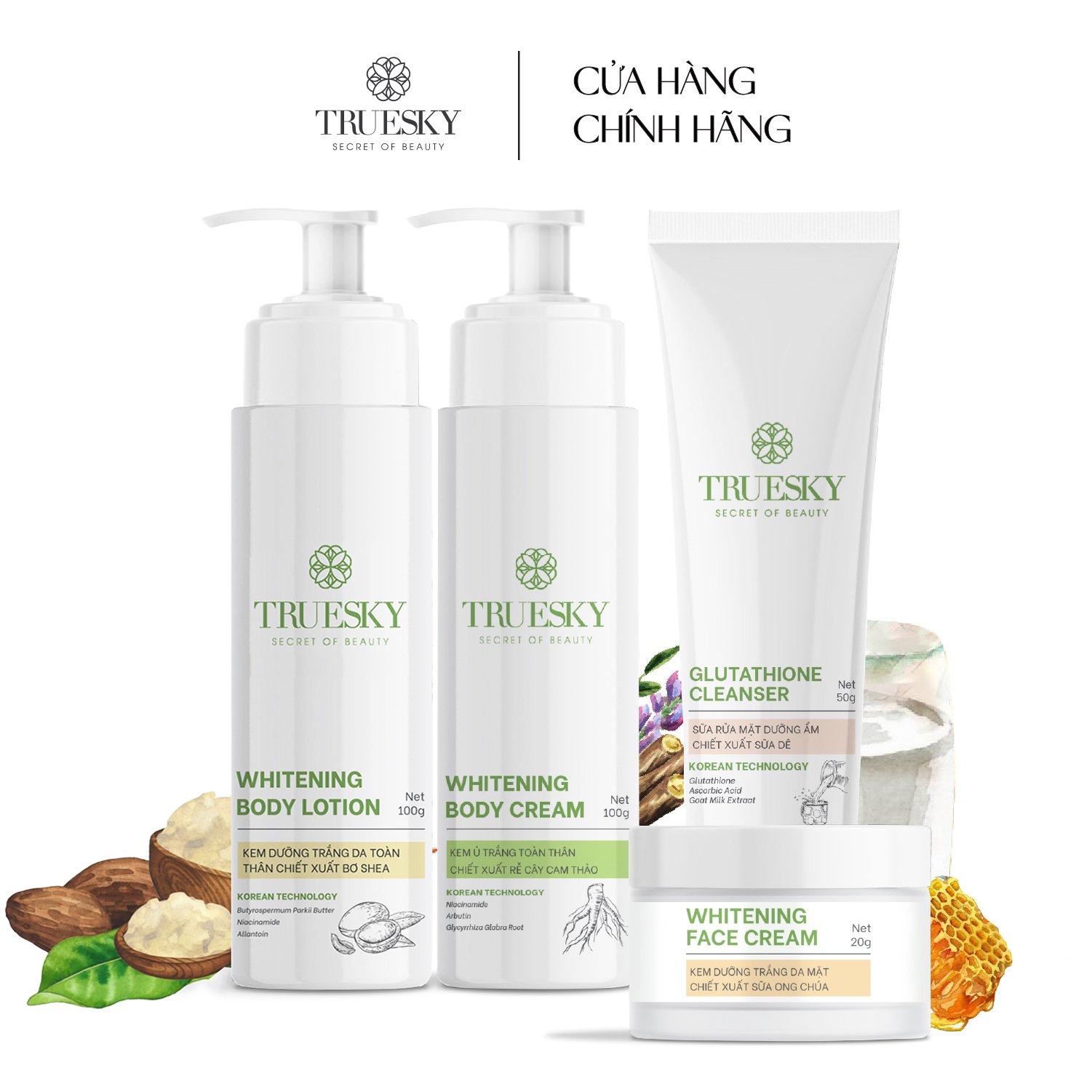 Bộ Truesky VIP03 gồm 1 sữa rửa mặt 50g + 1 kem dưỡng trắng da mặt 20g + 1 kem ủ trắng 100g + 1 kem dưỡng trắng 100g