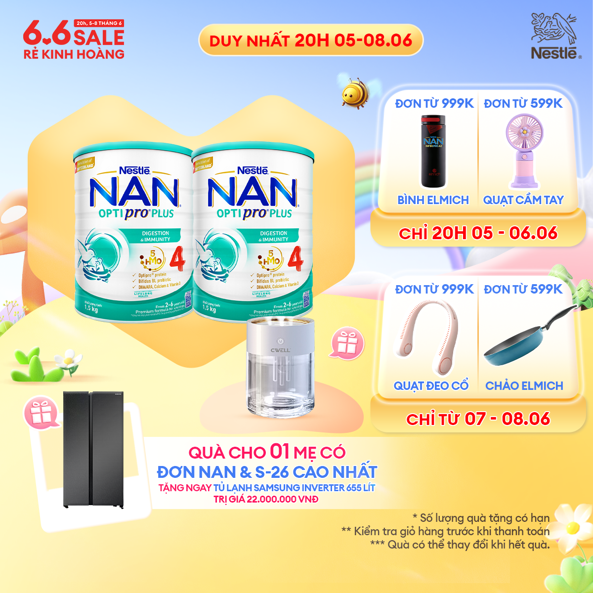 [CHỈ 20H 05-08/06 QT ĐƠN 599k/999k] [Tặng Máy phun sương đèn LED] Bộ 2 Lon Sữa bột Nestlé NAN OPTIPR
