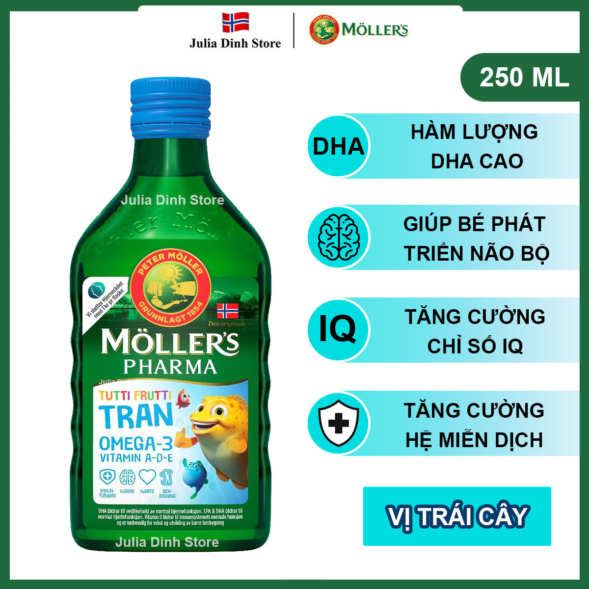Dầu gan cá tuyết Omega 3 MOLLERS Pharma Tran Fruktsmak nội địa Na Uy - Hương vị trái cây