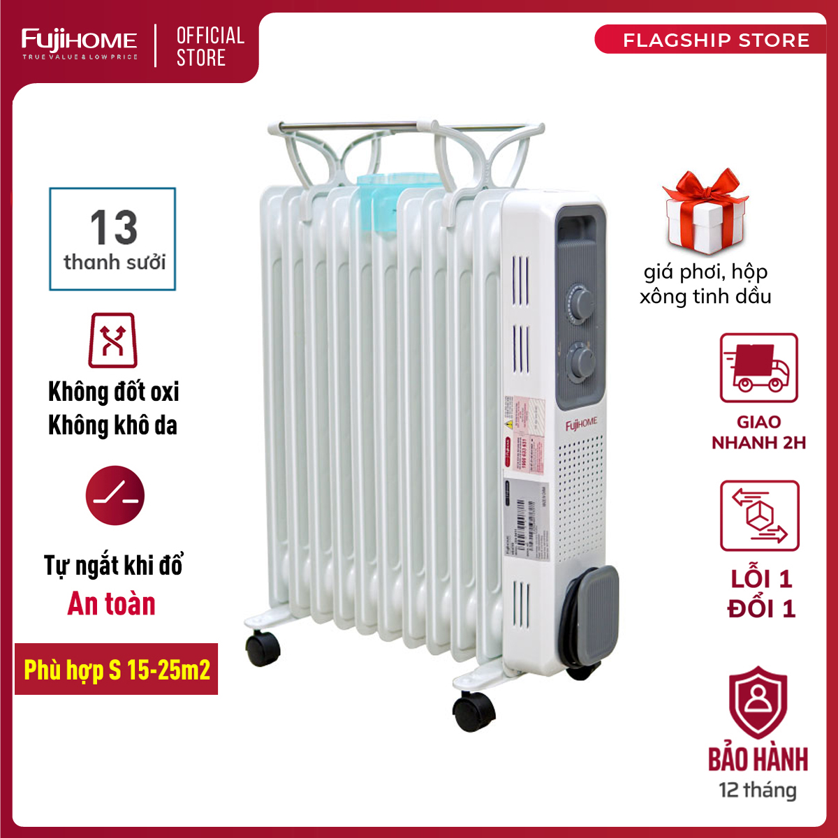 Máy sưởi dầu không khô da nhập khẩu 11 thanh FUJIHOME, máy sưởi ấm điện mini không đốt oxi, tự ngắt an toàn