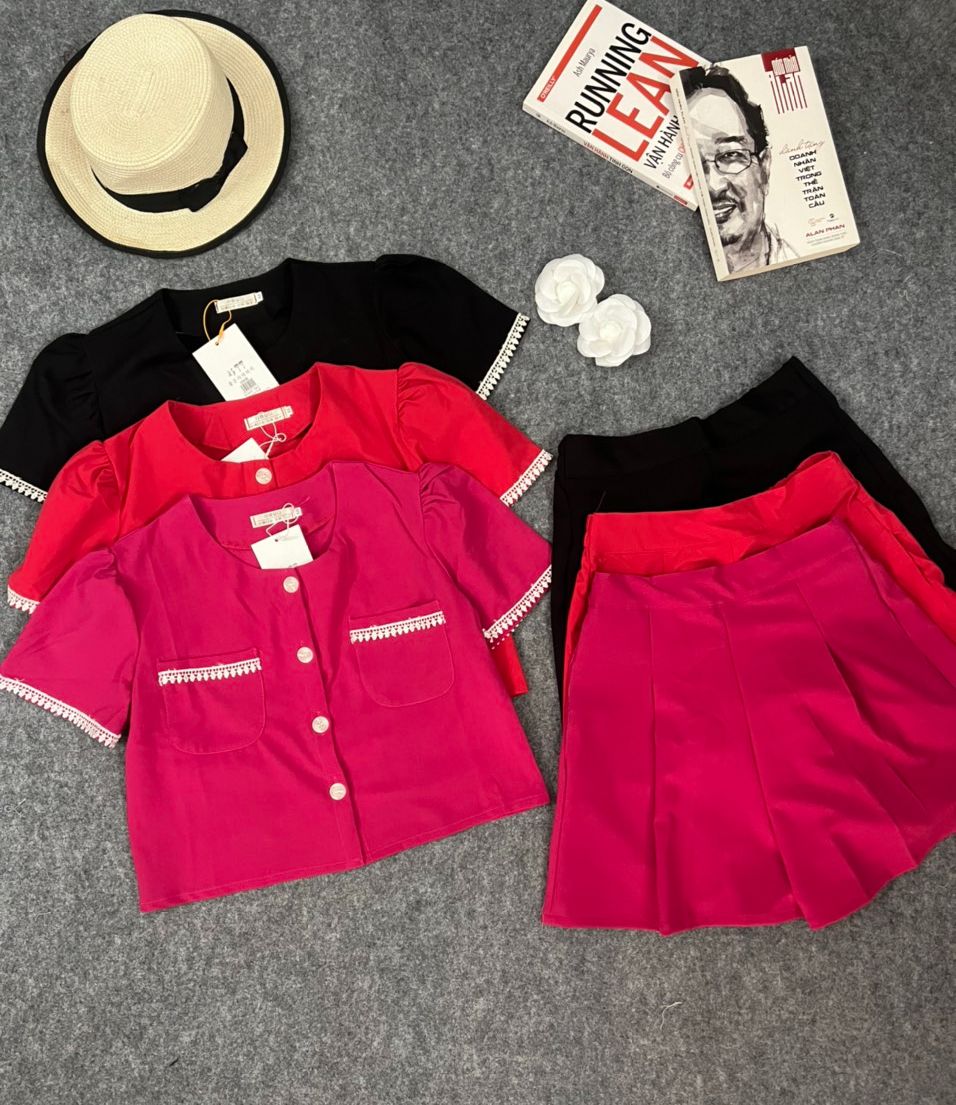 Set bộ áo croptop viền ren phối quần sort lưng chun siêu xinh