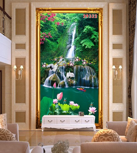 Tranh dán tường 3d khổ đứng sơn thủy hữu tình trang trí phòng khách phòng ngủ giá rẻ đẹp chất liệu decal pp keo sẵn bóc dán PA