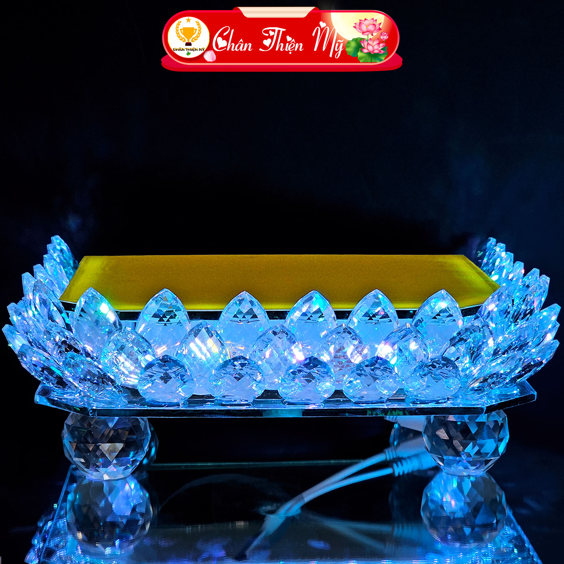 Đài Sen Pha Lê Vuông Để Tượng Phật Có Đèn LED Kèm Điều Khiển CHÂN THIỆN MỸ Đế Sen Trang Trí Tượng Nhiều Kích Thước