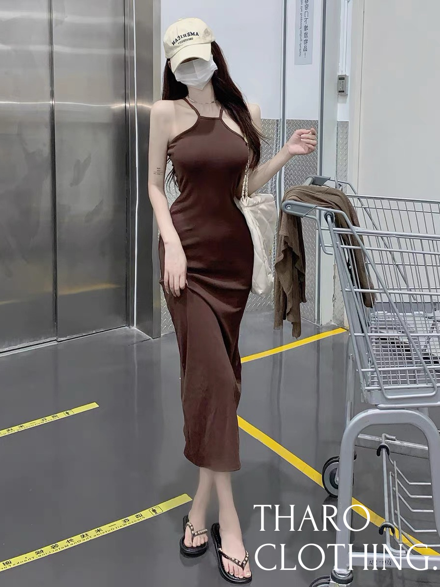 Đầm body nữ dáng dài, cổ yếm cột dây - tharo clothing