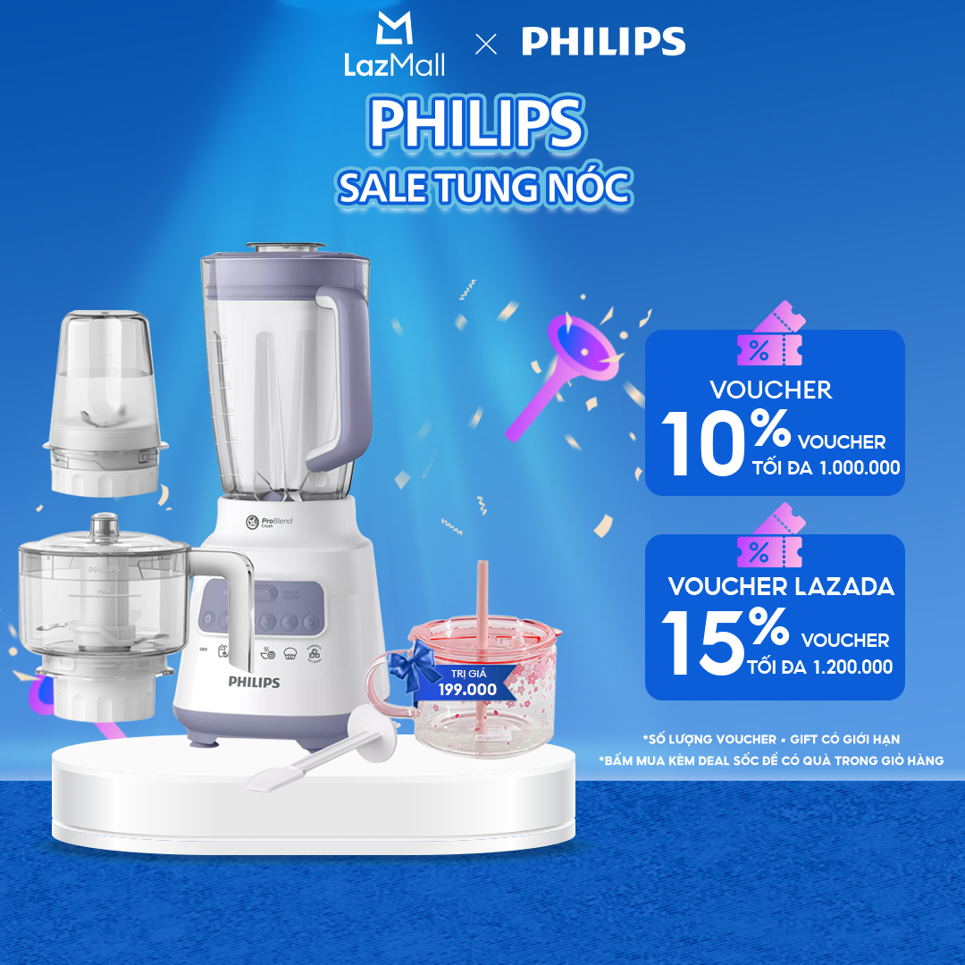 Máy Xay Sinh Tố Philips HR2223/00 (Trắng)|700W|-Bộ 3 Cối Xay Nhựa-5 Chế Độ Cài Đặt Sẵn- Nghiền Mịn Đá--Hàng Phân Phối Chính Hãng.